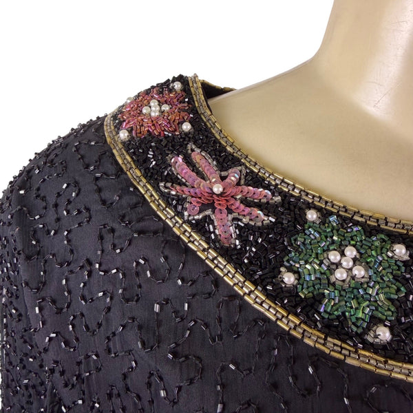 Lawrence Kazar Womens Black Beaded Silk  Jacket & Top Floral Embellished Sz 2X