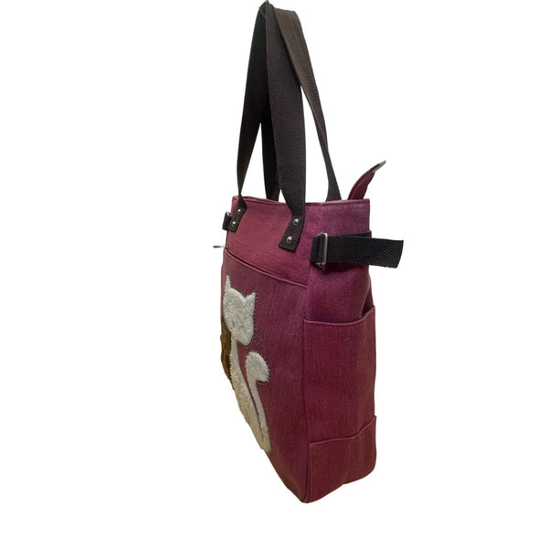 Kaukko Women’s Purple Canvas With Cat Design & Side Adjustable Straps Tote Bag