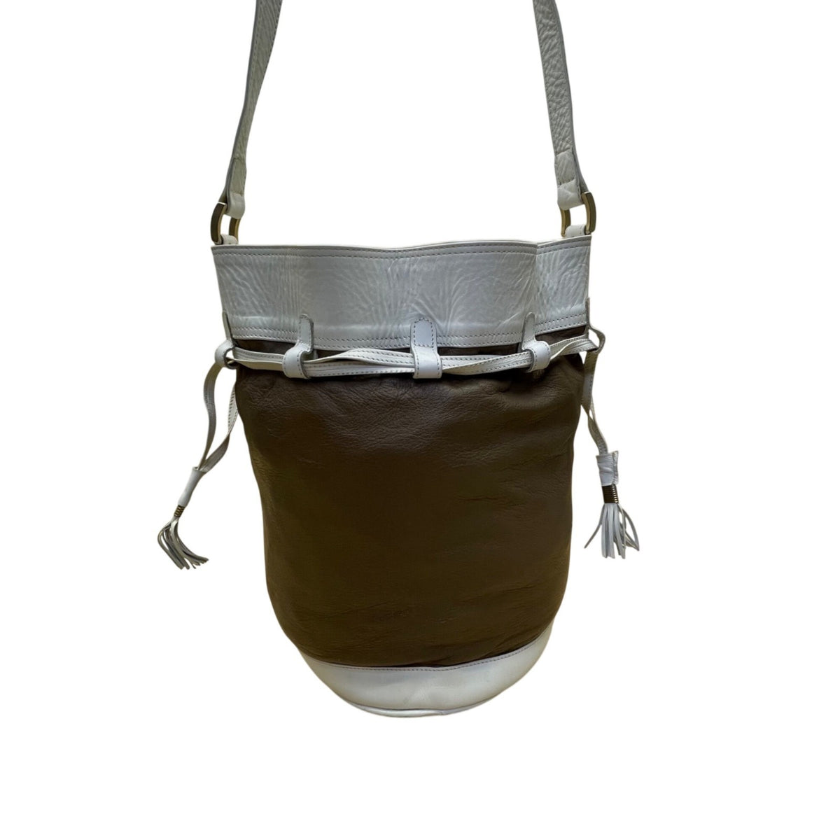 JMG Women’s Brown & White Leather Adjustable Strap Drawstring Closure Bucket Bag