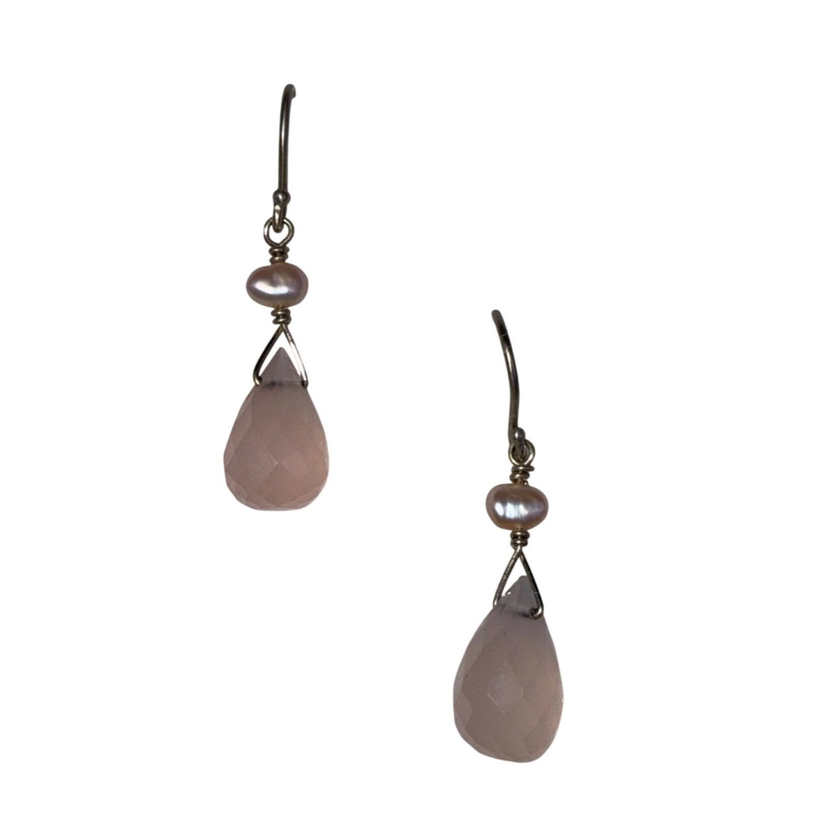 Rose Quartz & Cultured Pearl Sterling Silver Drop Earrings Pastel Pink Tone