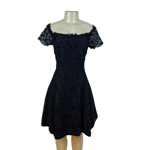 Vintage Roberta Elegant Black Lace Off-Shoulder Dress Short Sleeve A-Line