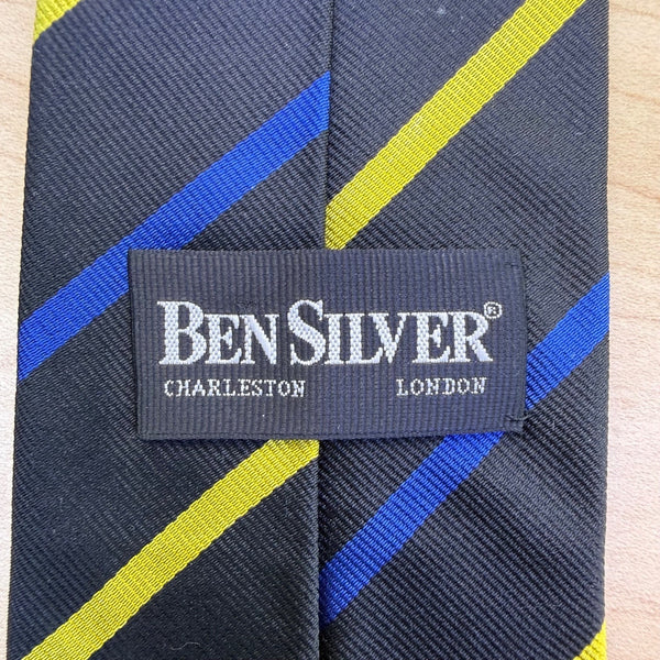 Ben Silver Mens Navy Silk Striped Tie Yellow & Blue All Occasion Imported Handma