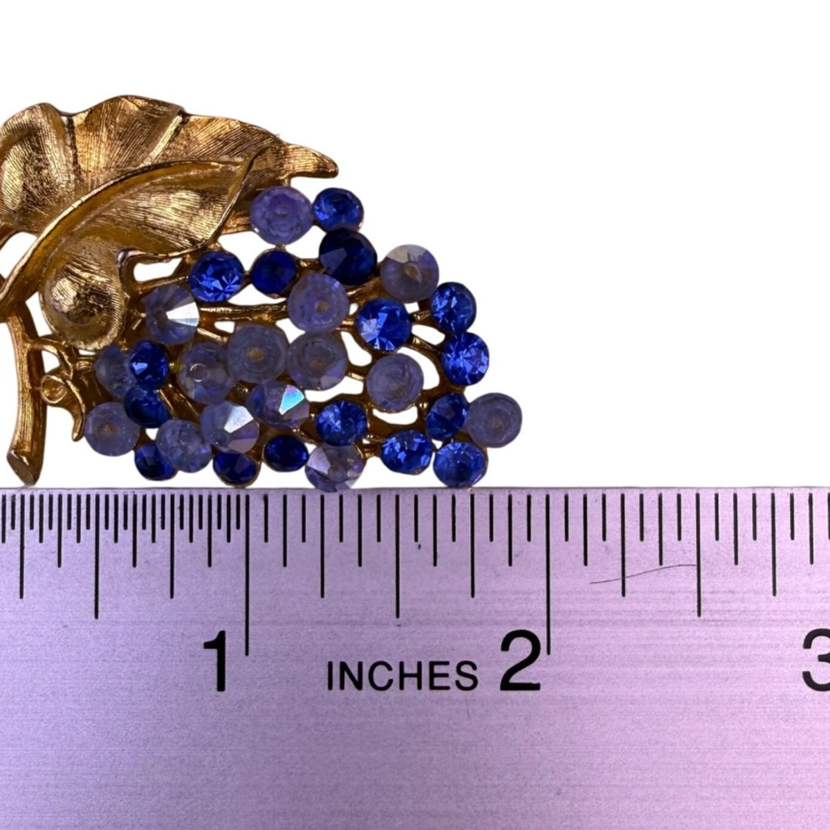 Art Signed Women Gold Tone Rhinestone Brooch Grape Cluster Cobalt & Lavender