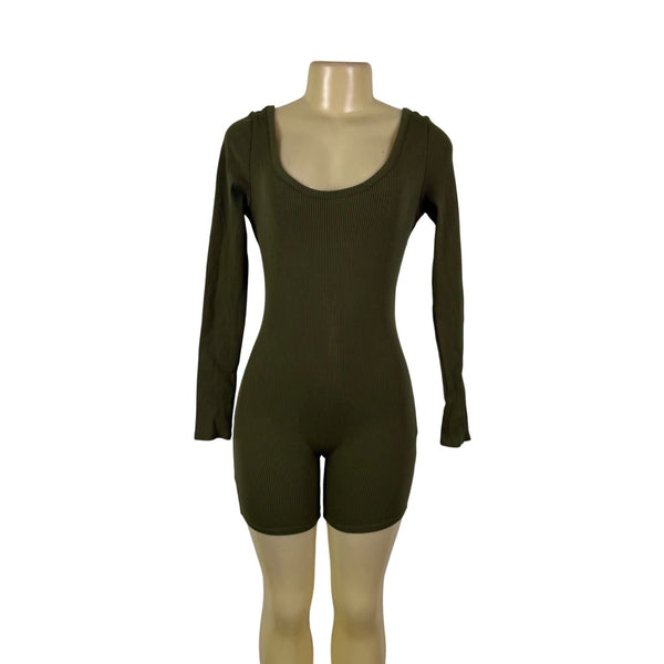 Fashion Nova Womens Olive Ribbed Long Sleeve Snatched Romper Rayon/Spandex Sz XL