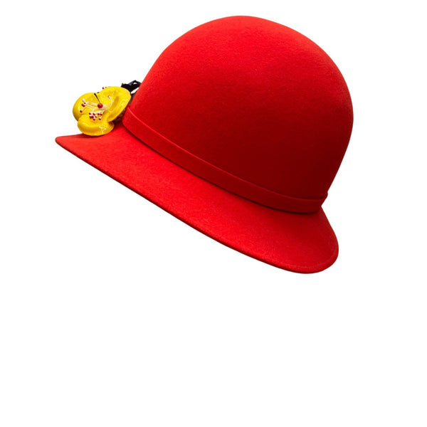 Vintage Geo. W. Bollman Womens Red Wool Felt Bowler Hat Floral Side Accent 100%