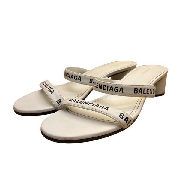 Balenciaga Women’s White Leather Logo Embossed Mid-Heel Slide Sandals Sz EU39.5