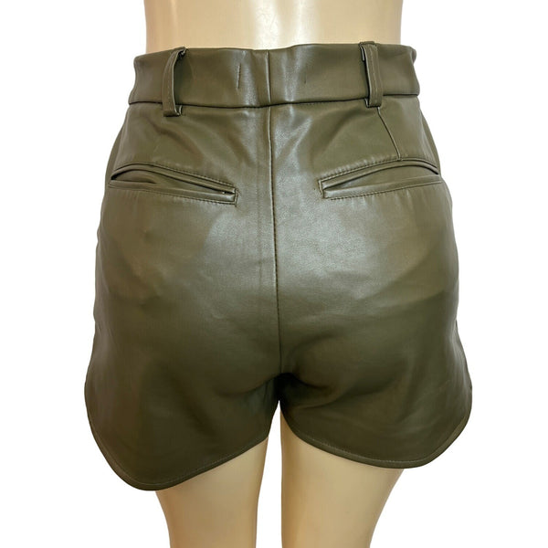 Atelier Linah Women's Green High Waisted Synthetic Leather Tulip Hem Shorts Sz 3