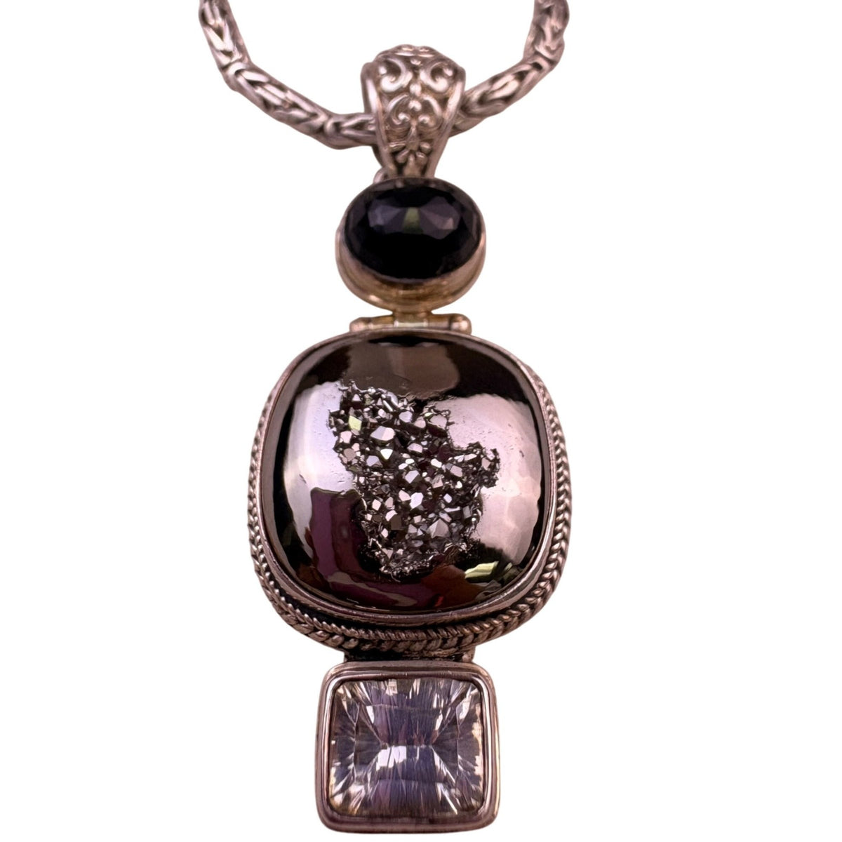 Sterling Silver 925 Womens Hematite Druzy Gemstone Pendant Necklace By Sarda 