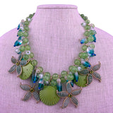 Chicos Womens Green Multicolor Beaded Seashell Starfish Statement Necklace