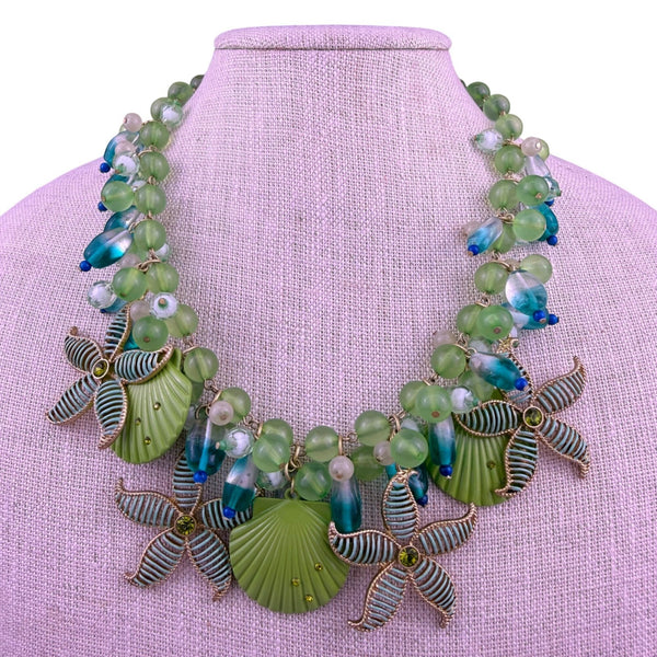 Chicos Womens Green Multicolor Beaded Seashell Starfish Statement Necklace