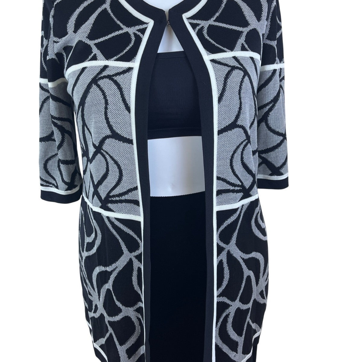 Misook Womens Black & White Knit Open Cardigan Sweater Abstract Pattern Sz XL