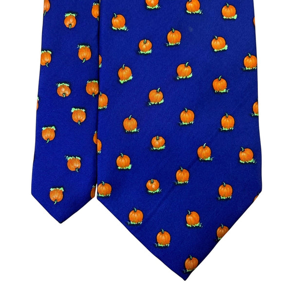 Alynn  Blue 100% Silk Pumpkin Pattern Necktie Fall Holiday Design Made In USA