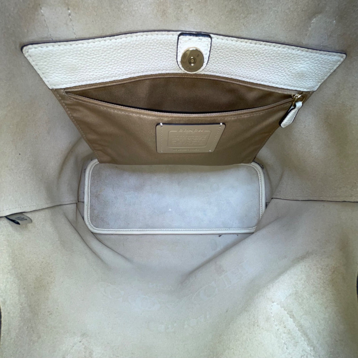 Coach Women’s Taupe Leather Embossed Logo Double Handles Snap Closure Tote Bag
