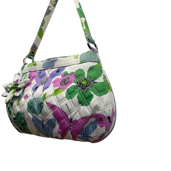 Vera Bradley Women’s White Green Multicolor Quilted Butterfly Print Shoulder Bag