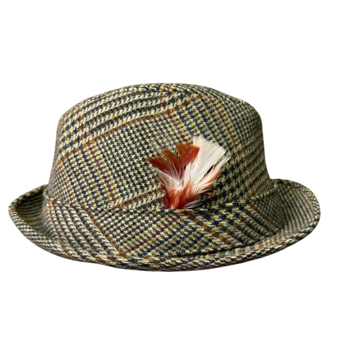 Vintage Unisex Yellow Plaid Wool Fedora Hat Checked Dupont Repel Feather Trim