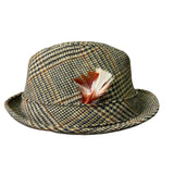 Vintage Unisex Yellow Plaid Wool Fedora Hat Checked Dupont Repel Feather Trim