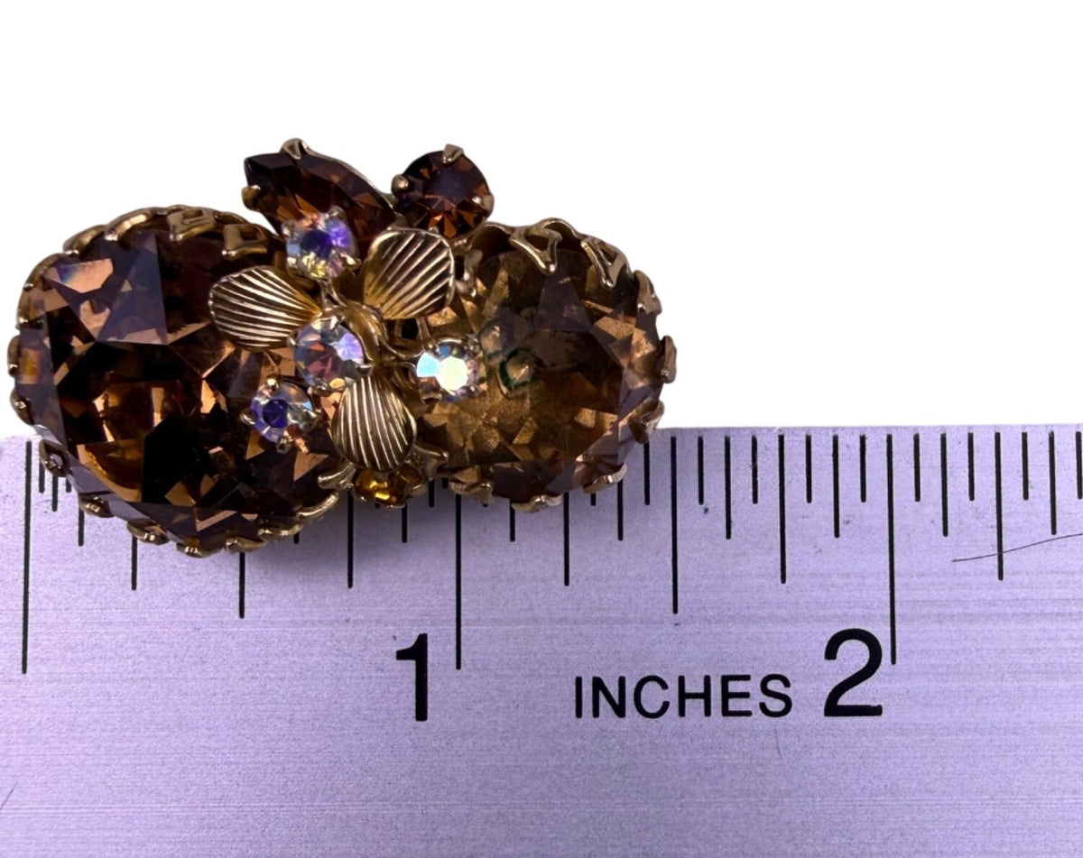 Hattie Carnegie Womens Gold Tone Smoky Topaz Crystal Brooch & Clip-On Earrings S