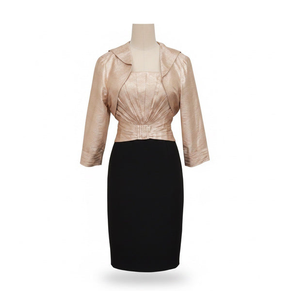 Occasions Mon Cheri Women Champagne & Black Silk Dress With Bolero Size 6 Formal