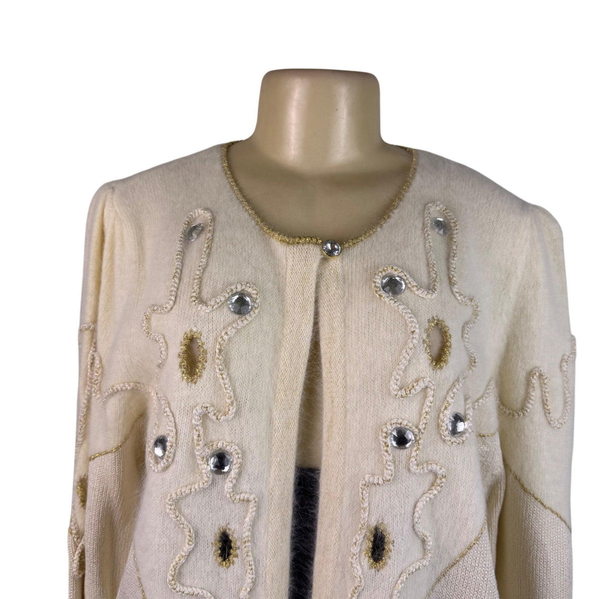 Vintage Madeleine Womens Ivory Embellished Cardigan Long Sleeve Open Front Sz L