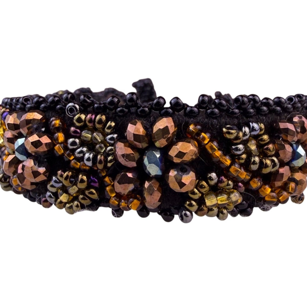 Handmade Womens Black Woven Crystal Beaded Bracelet Jewelry Gold & Bronze