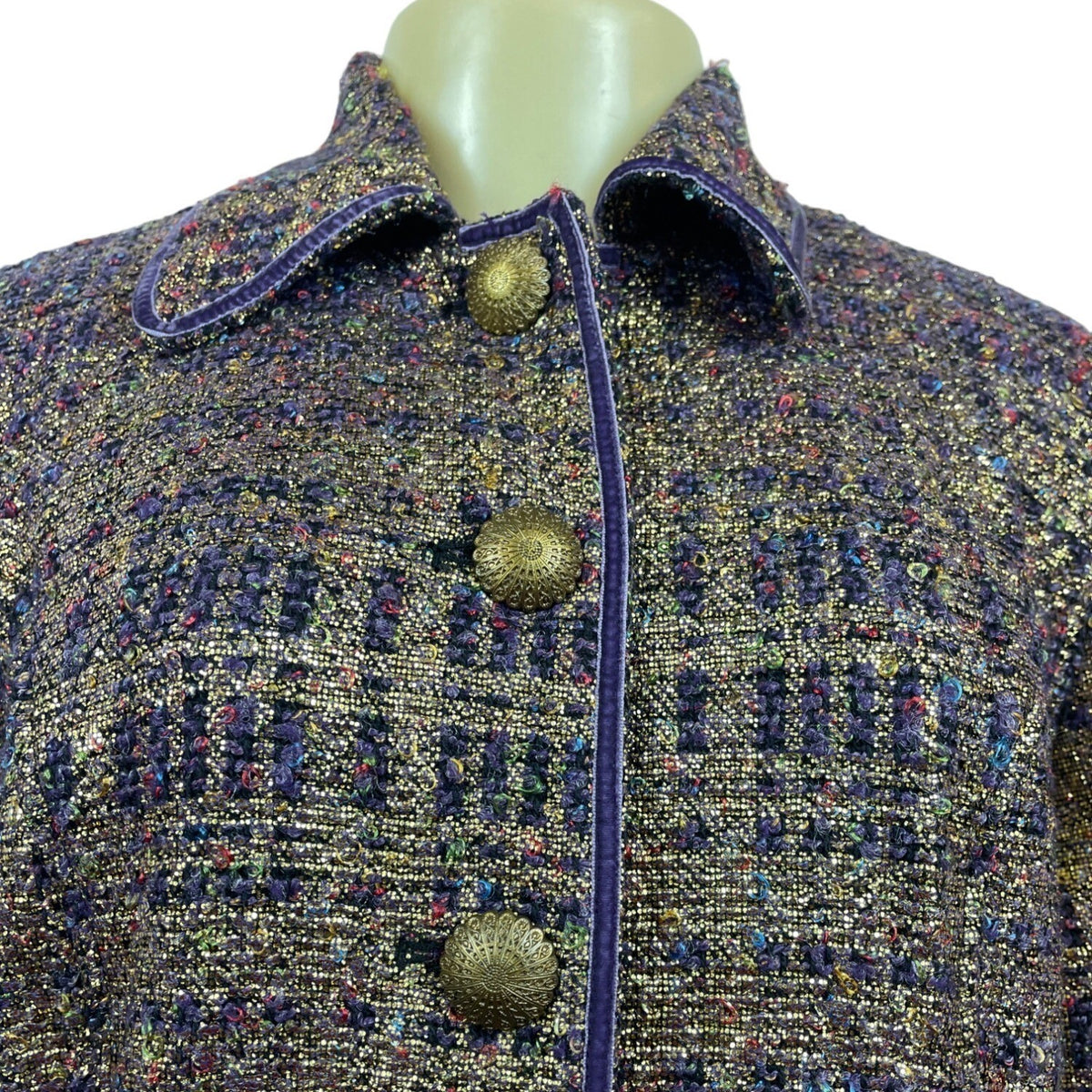 Vintage Draper’s & Damons Women’s Gold and Purple Tweed Blazer Coat Sz M