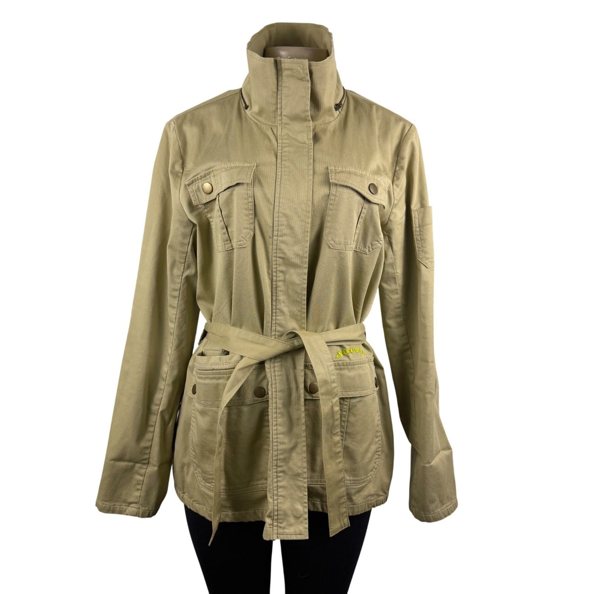 Volcom Women Khaki Cotton/Elastane Jacket Belted Military Style Size L