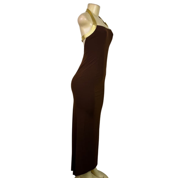 Cache Womens Brown Halter Maxi Gown With Metallic Gold Straps Sz 4
