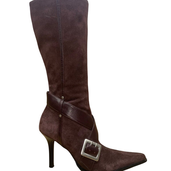 Guess Women’s Burgundy Suede Buckle Strap Stiletto Knee-High Goldie Boots Sz 6M
