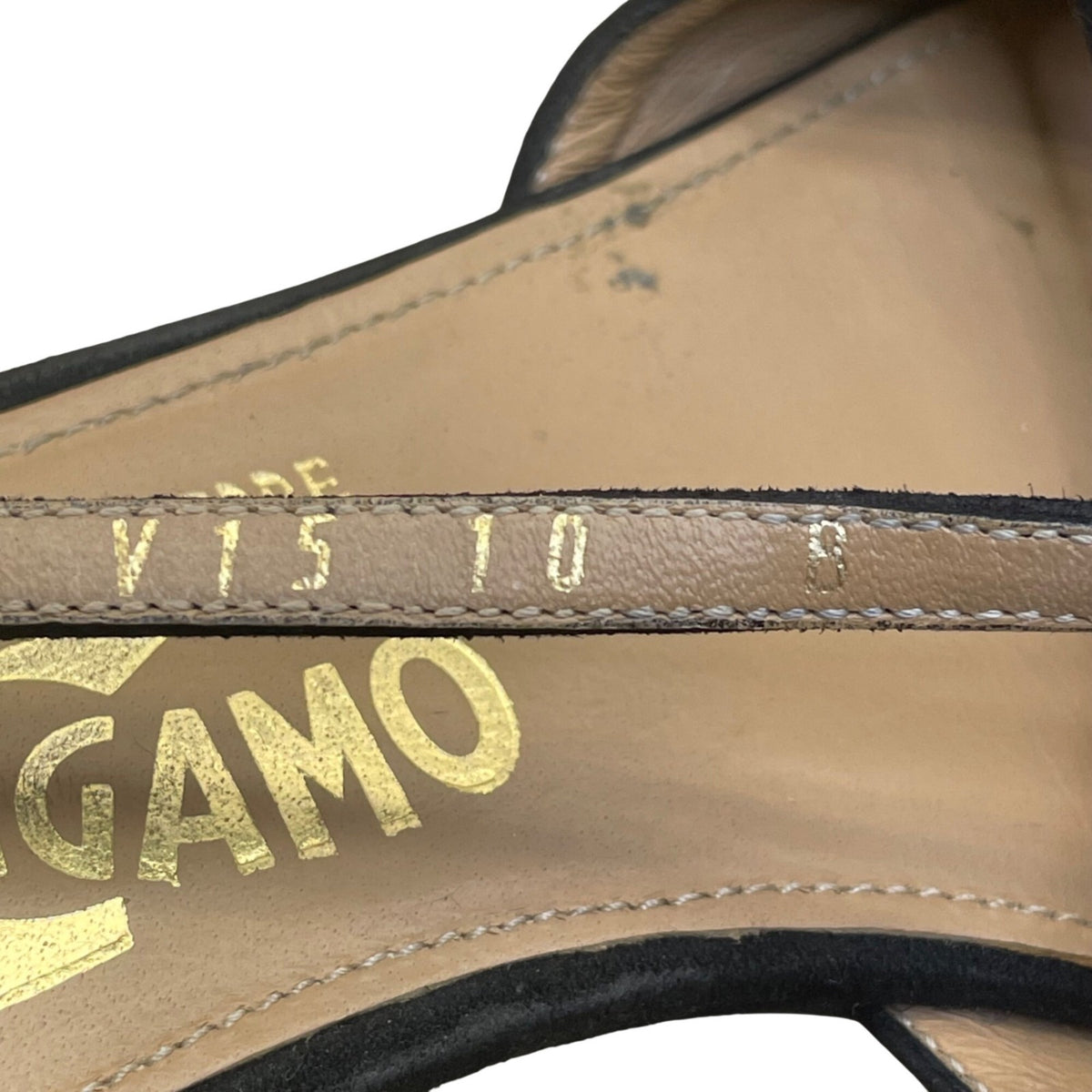 Salvatore Ferragamo Women’s Black Suede Bow Gold Accent Heel Sandals Size 10B