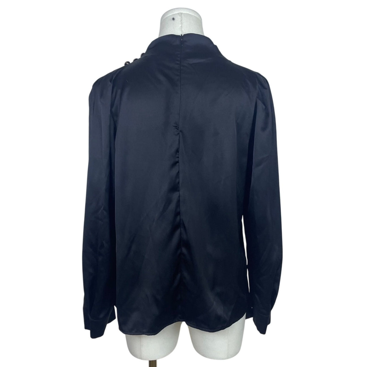 Jinghui fushi Womens Black Satin Button Embellished High-Neck Long Sleeve Blouse