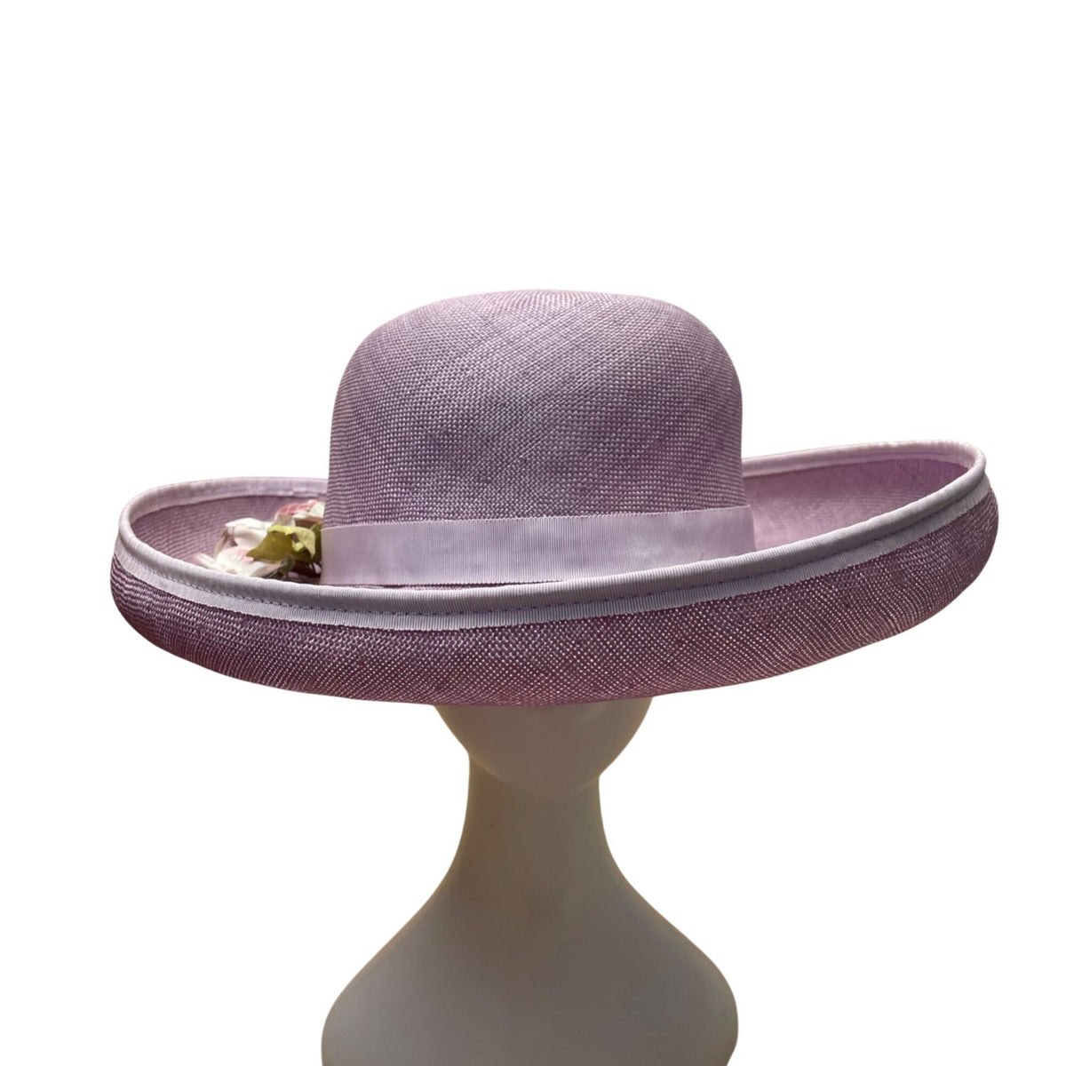 Kathy Jeanne Womens Lilac Straw Floral Derby Hat Elegant Ribbon Wide Brim Handma