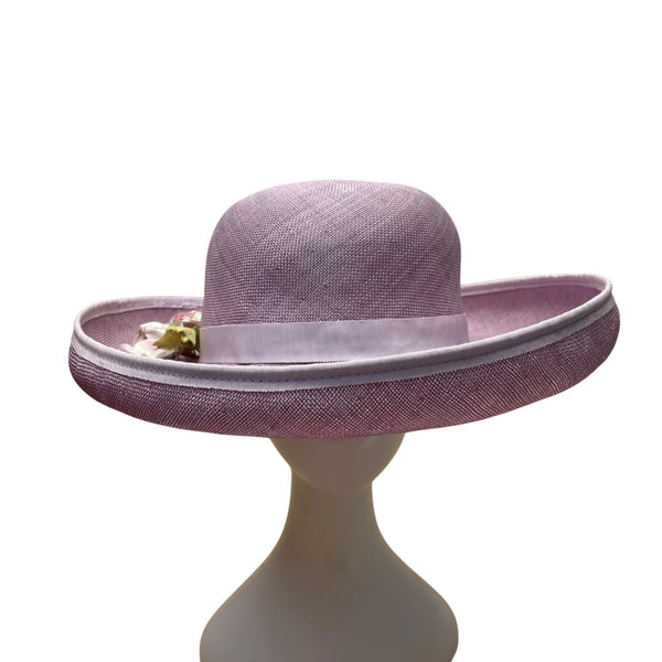 Kathy Jeanne Womens Lilac Straw Floral Derby Hat Elegant Ribbon Wide Brim Handma