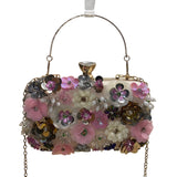 Women’s Pink Floral Embellishment With Chain Strap & Handle Clutch Purse