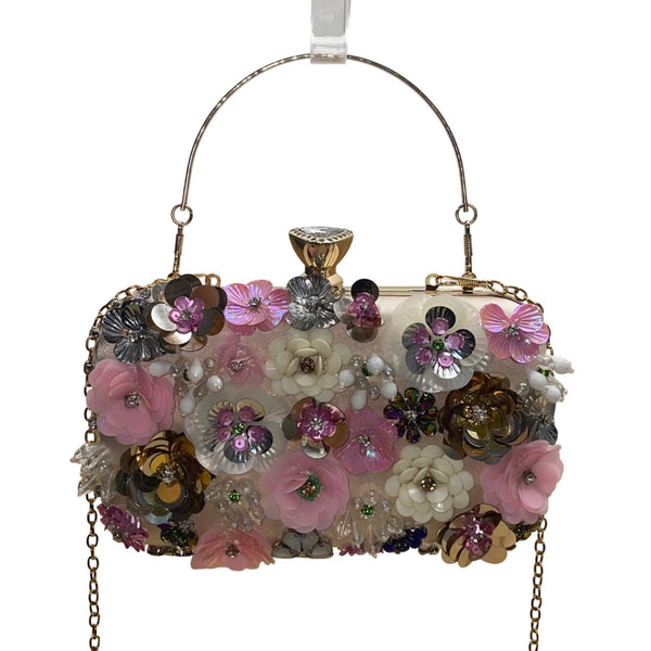 Women’s Pink Floral Embellishment With Chain Strap & Handle Clutch Purse