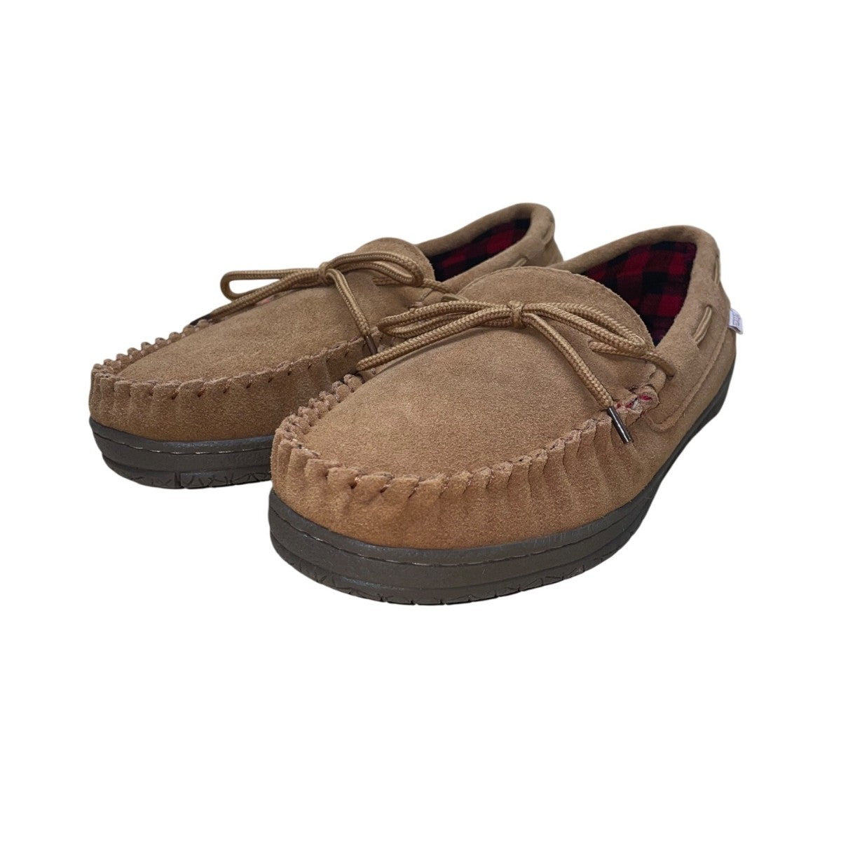 Pedoqu Men’s Brown Suede Red Plaid Flannel Lining Moccasin Slippers Size 9US
