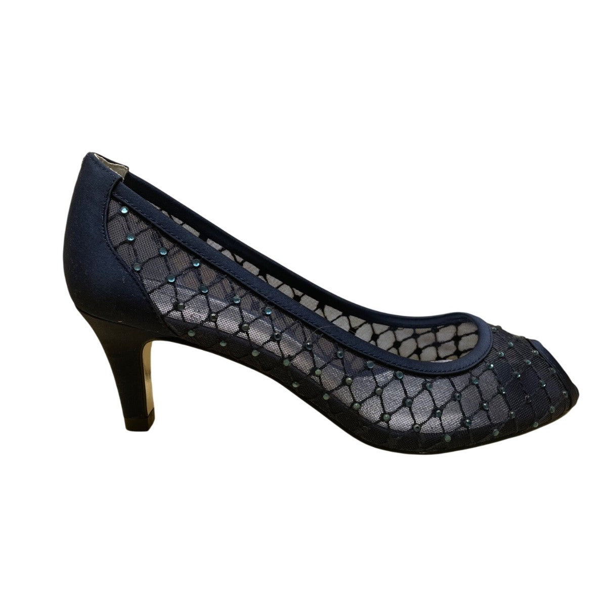 Adrianna Papell Women’s Navy Saba Mesh Rhinestoned Peep Toe Jamie Heels Size 6.5