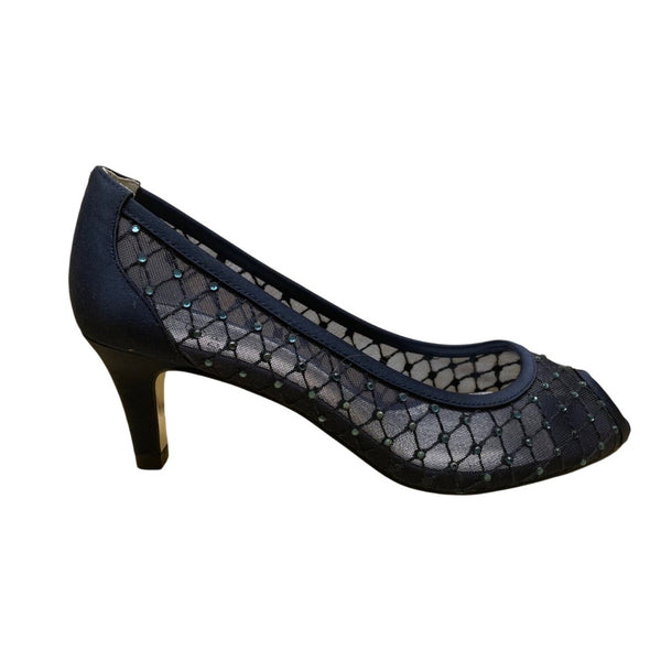 Adrianna Papell Women’s Navy Saba Mesh Rhinestoned Peep Toe Jamie Heels Size 6.5