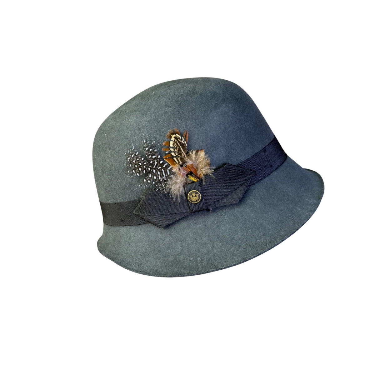 Goorin Bros Womens Grey Felt Cloche Hat With Feather & Black Ribbon Accent Sz M