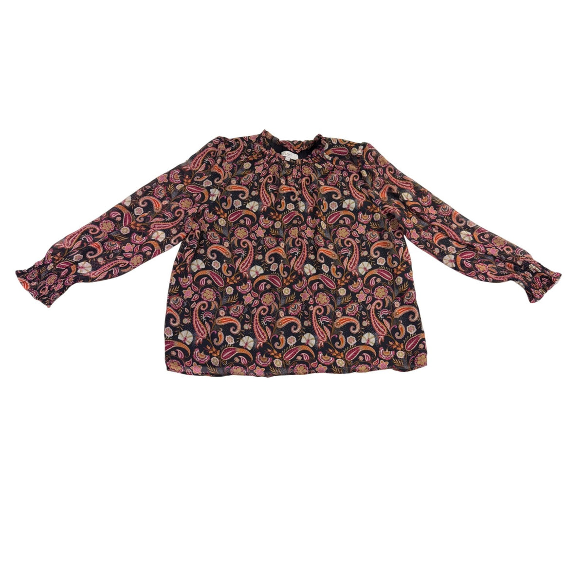 Loft Womens Black & Pink Paisley Print Long Sleeve Smocked Top Size XL