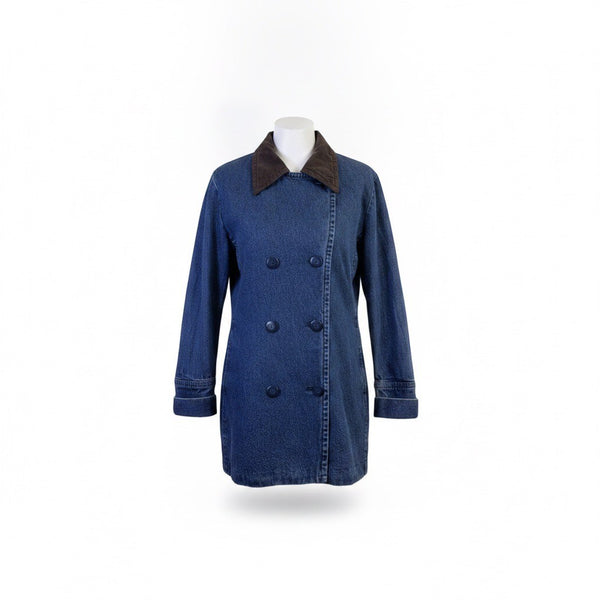 Dressbarn Womens Blue Denim Double-Breasted Jacket With Contrast Collar 