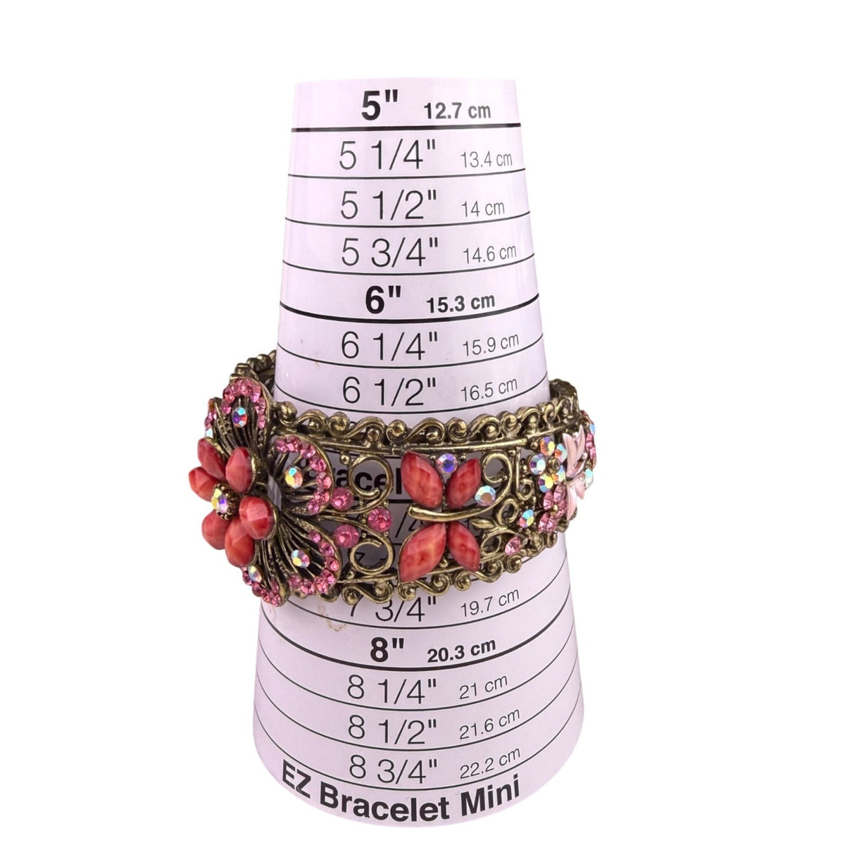 Bronze Floral Cuff Bracelet With Clear & Pink Faux Rhinestones & Red Gemstones