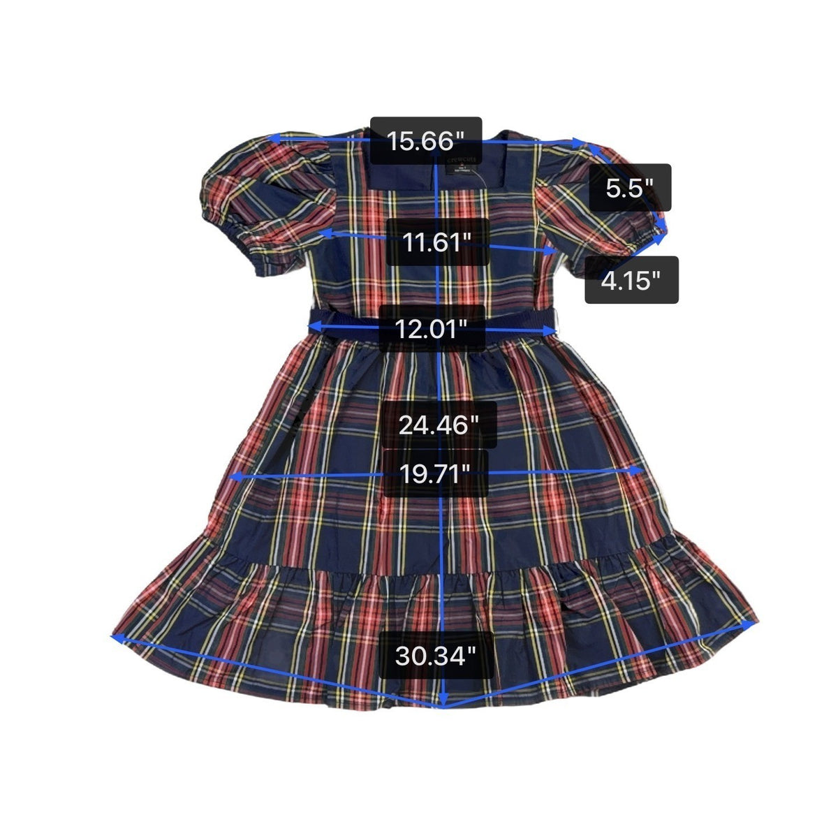 Crewcuts Girls Navy Multicolor Plaid Polyester Puff Sleeve Party Dress Size 7