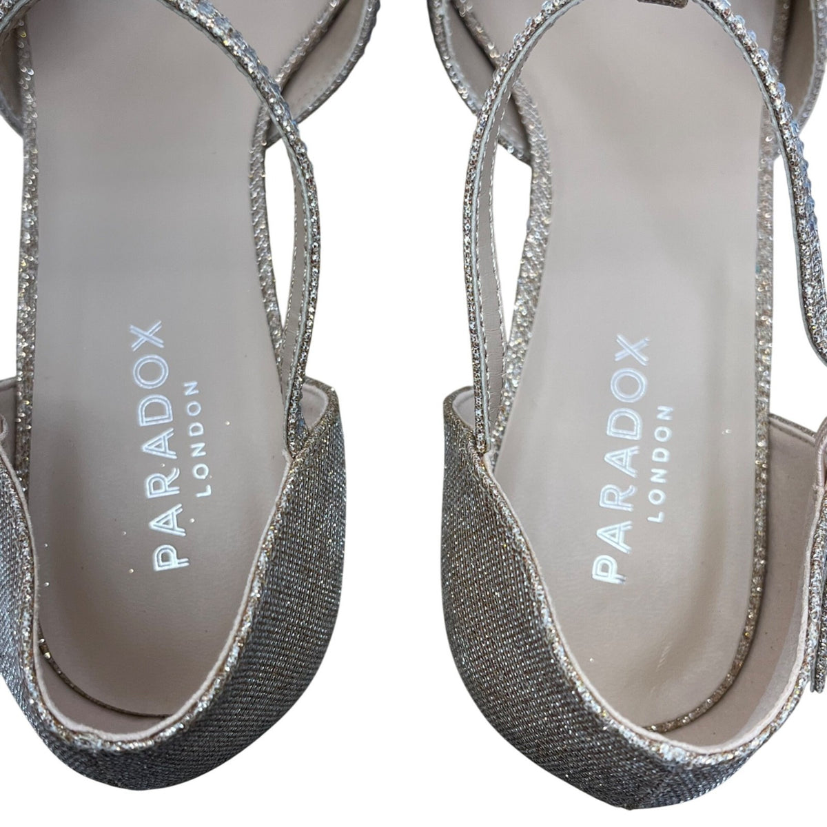 Paradox London Women’s Champagne Glitter T-Bar Nora Open Toe Heels Size 7M