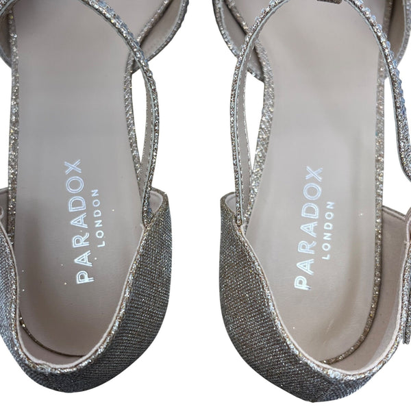 Paradox London Women’s Champagne Glitter T-Bar Nora Open Toe Heels Size 7M