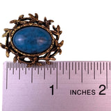 Vintage Gold Tone Blue Synthetic Stone Cabochon Brooch Pin Leaf Design