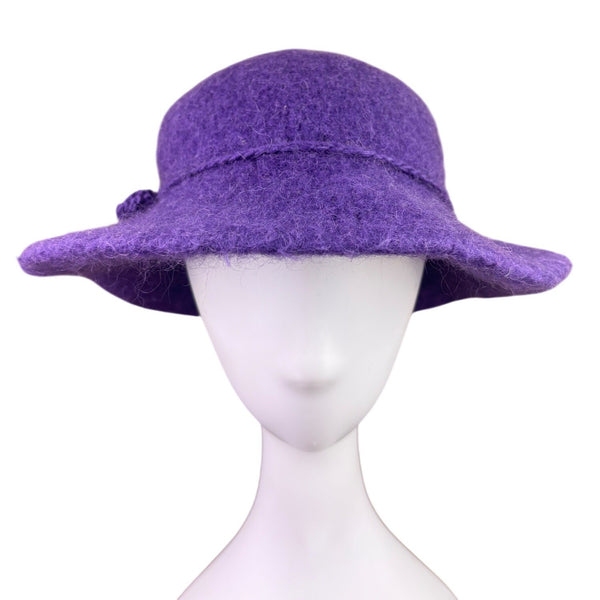 Wool Purple Womens Felted Handmade Hat With Flower Detail Elegant Soft Wide Brim