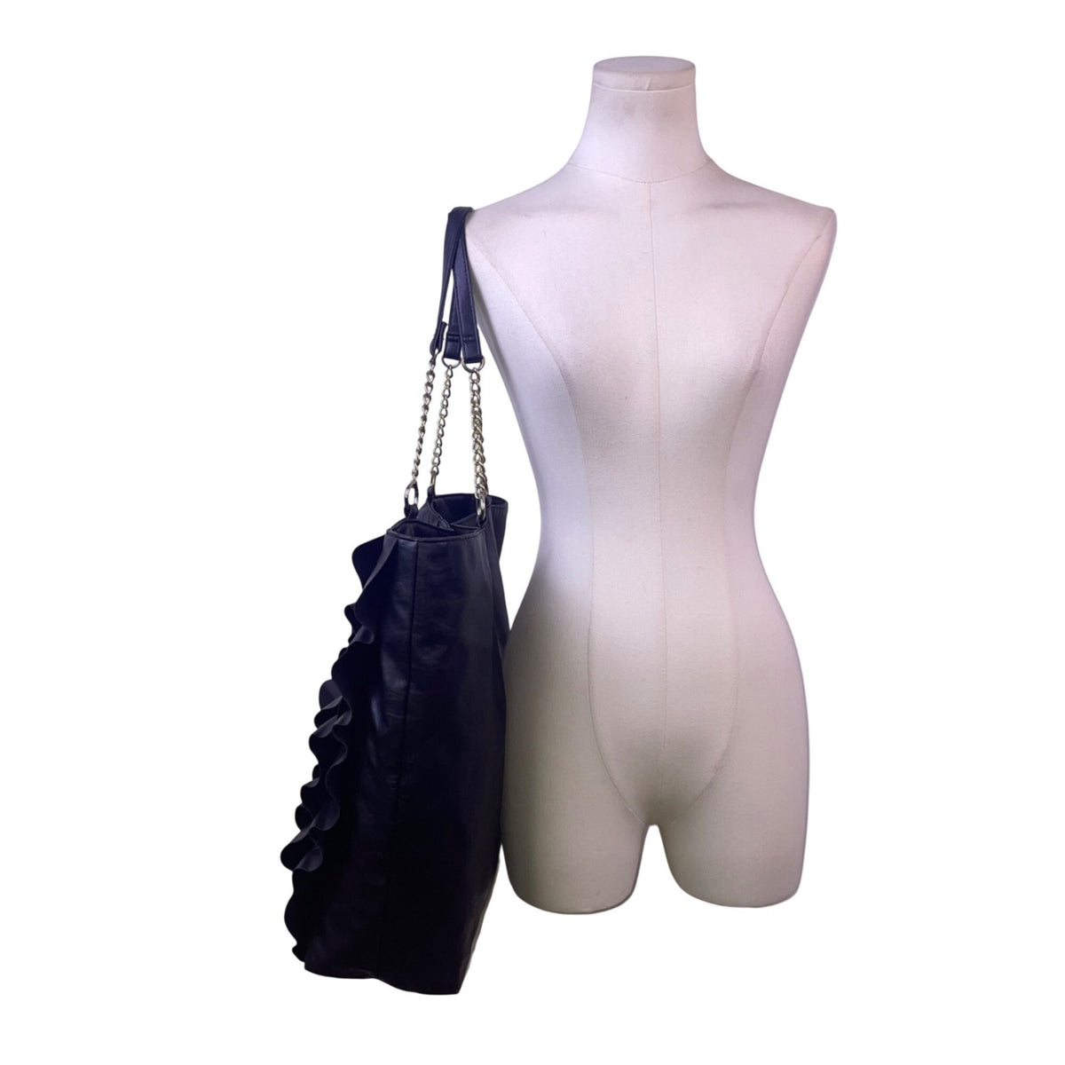 DSW Women’s Black Faux Leather Ruffle With Chain Straps Tote Bag