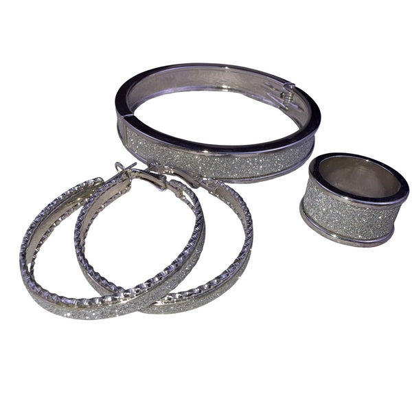 Silver Tone Womens Glittery Metal Earrings Bracelet & Ring Jewelry Set
