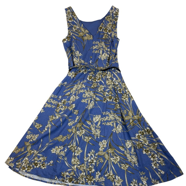 London Times Womens Blue Gold Floral Sleeveless Belted Midi Dress Size 10 - New