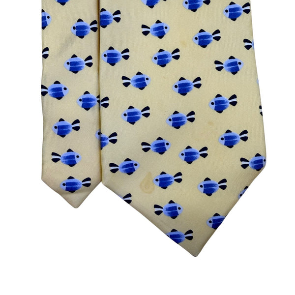 Banana Republic Mens Yellow Silk Tie With Blue Fish Print